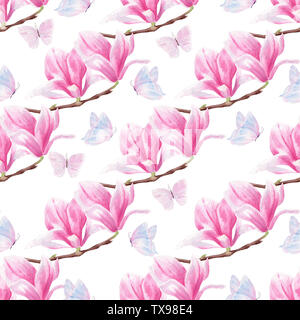 Fiori e farfalle disegnati a mano acquerello seamless pattern. Design floreale texture raster. Sbocciano i fiori colorati su sfondo bianco. Bella naturale Foto Stock