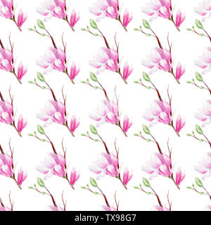 Magnolia fiorisce sul ramo disegnati a mano acquerello seamless pattern. Ramoscelli con fiori texture raster. Flowerheads e gemme su sfondo bianco. G pastello Foto Stock