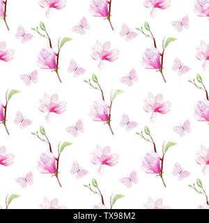 Farfalle e fiori disegnati a mano acquerello seamless pattern. Ramo di albero di magnolia texture raster. Orientale blossom floreali su sfondo bianco. Ge Foto Stock