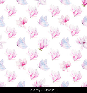 Magnolia flowerheads disegnati a mano acquerello seamless pattern. Farfalle bellissime texture raster. Fioritura flora esotica su sfondo bianco. Blossomi Foto Stock