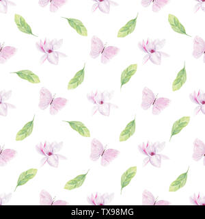 Magnolia fiori disegnati a mano acquerello seamless pattern. Carino farfalle pastello texture raster. Esotico fiore floreali su sfondo bianco. S Foto Stock