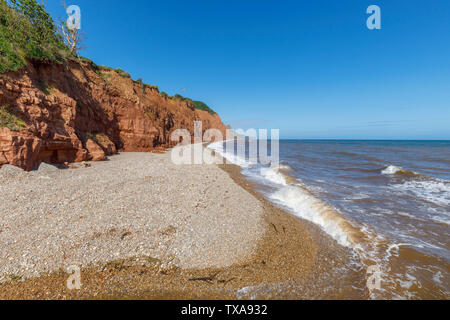 Vista della collina di Salcombe e scogliere guardando ad est da Sidmouth, una piccola e rinomata costa sud cittadina balneare nel Devon, sud-ovest Inghilterra Foto Stock