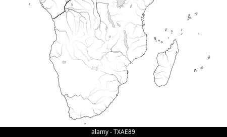 Mappa mondiale del litorale di AFRICA E MADAGASCAR: Sud Africa, in Rhodesia, Namibia, del Kenya, della Tanzania, Zanzibar, Zambesi, Zimbabwe, Madagascar. (Grafico). Foto Stock