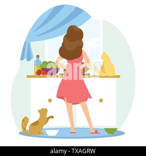 Ragazza è la cucina in cucina whis suoi gatti. Illustrazione Vettoriale