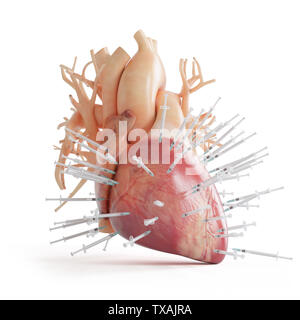 3d reso illustrazione di un cuore spiked con siringhe Foto Stock