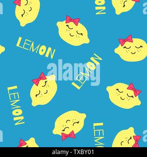 Limoni Kawaii Pattern. Vector seamless Texture di Felice limoni giallo su sfondo blu. Può essere utilizzato per la carta da parati, tessuti, carta di avvolgimento Illustrazione Vettoriale