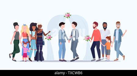 Giovane sposi omosessuali in piedi dietro a floral arch stesso sesso felice omosessuali sposate matrimonio di famiglia celebra concetto maschio di personaggi dei cartoni animati Illustrazione Vettoriale