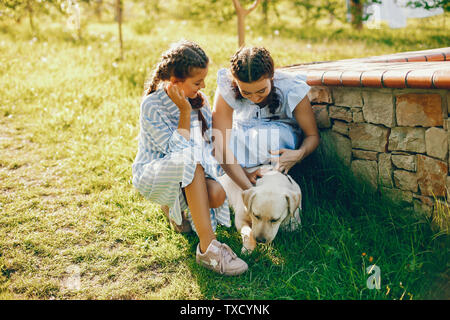 Due belle e cute ragazze in abiti blu con splendide acconciature e make-up seduto in un soleggiato giardino verde e giocare con un cane Foto Stock