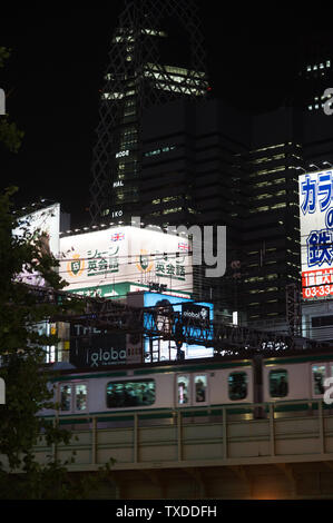 Tokyo di notte illuminata dalla sua molte famose insegne al neon. Foto Stock