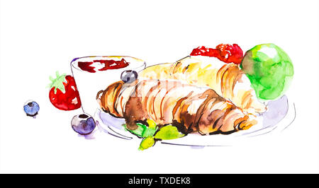 La prima colazione di croissant al cioccolato, tè, frutta, bacche, apple. Dipinto a mano acquerello isolato su bianco Foto Stock