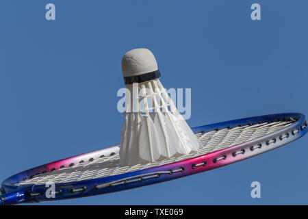Close up di badminton racchetta con volano contro il cielo blu Foto Stock