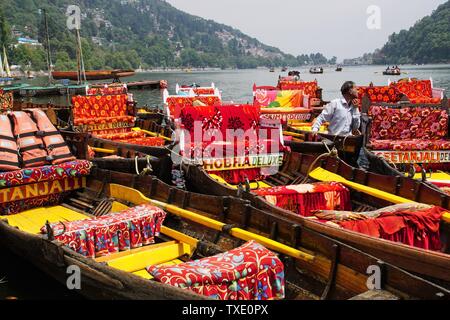 Close Up di coloratissimi Nainital Lago di barche a remi Foto Stock