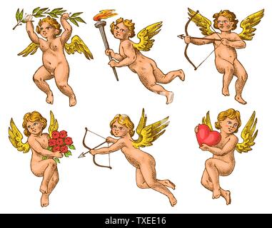 Carino angeli con frecce e arco. Piccoli Amorini estetico con ali volare con cuori e fiori nel cielo. Set di bambini in incisa in bianco e nero Illustrazione Vettoriale