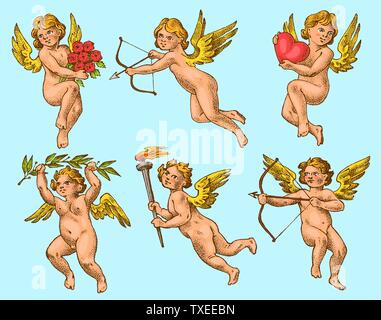 Carino angeli con frecce e arco. Piccoli Amorini estetico con ali volare con cuori e fiori nel cielo. Set di bambini in incisa in bianco e nero Illustrazione Vettoriale