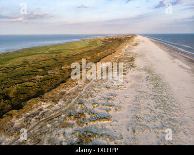 Fuchi vista sulle dune di sabbia e la spiaggia di sabbia dell'isola Juist nel Mare del Nord in estate. Foto Stock