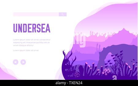 Vettore sottomarino landing page modello. Ocean ecosystem banner web design layout. Underwater fauna esotica illustrazione minimalista. Le barriere coralline e pesci, alghe sul fondo del mare. Diving concetto del sito web Illustrazione Vettoriale