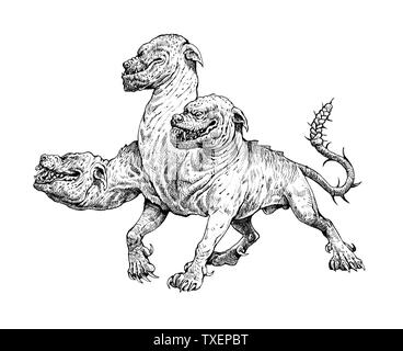 Multi teste di cane Cerberus disegno. Il segugio di Hades. La mitologia greca illustrazione. Foto Stock