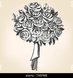 Bouquet di rose, biglietto di auguri disegnati a mano illustrazione vettoriale disegno realistico Illustrazione Vettoriale