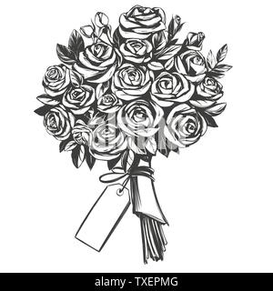 Bouquet di rose, biglietto di auguri disegnati a mano illustrazione vettoriale disegno realistico Illustrazione Vettoriale
