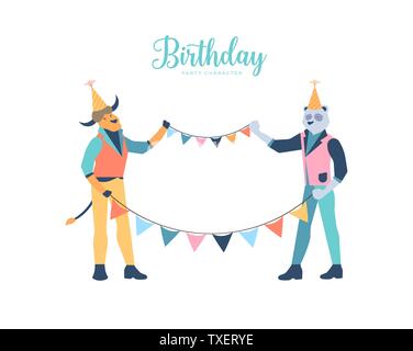 Festa di compleanno piatto concetto poster. Caratteri vettoriali decorare camera con bandiere e ghirlande. Gli amici organizzando B-giorno festa a sorpresa. La metafora degli animali per i colleghi. Panda umanizzati e bull Illustrazione Vettoriale