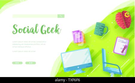 Sociale vettore geek landing page modello. Bambini hobby, passatempo banner web design layout. Corsi online, e-learning sito web. Attività extrascolastiche per adolescenti illustrazione piatta Illustrazione Vettoriale