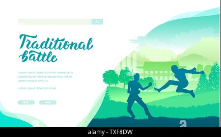 Tradizionale vettore battaglia landing page modello. Arti marziali banner web design layout. In scena i combattimenti website homepage design. Il Karate, taekwondo illustrazione minimalista. I combattenti sagome Illustrazione Vettoriale