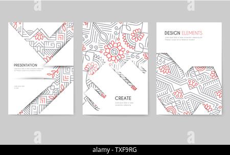 Volantini, opuscoli con pattern astratti modelli set. Rosso e Nero lineare ornamento etnici sullo sfondo. Vettore layout poster in stile retrò con copyspace. Invito, greeting cards collection Illustrazione Vettoriale