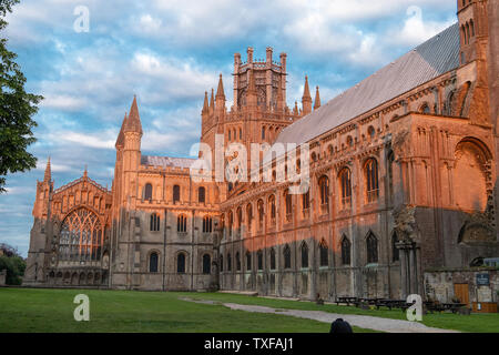 Vista della Cattedrale di Ely la famosa lanterna ottagonale Torre girando un bel colore rosso nel sole di setting. Foto Stock