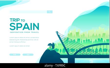 Viaggio in Spagna il vettore landing page modello. In Europa le attrazioni turistiche, i punti di riferimento di banner per il web design. Barcellona, Madrid cityscape illustrazione con lo spazio di testo. Agenzia di viaggi website homepage Illustrazione Vettoriale