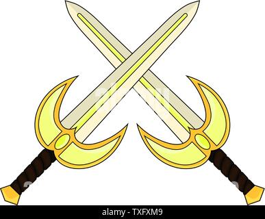 Attraversato Cartoon Santo spada isolato su bianco backround. Arma medioevale. Equipaggiamento del cavaliere. Illustrazione di vettore per il tuo design, gioco, la scheda Web. Illustrazione Vettoriale