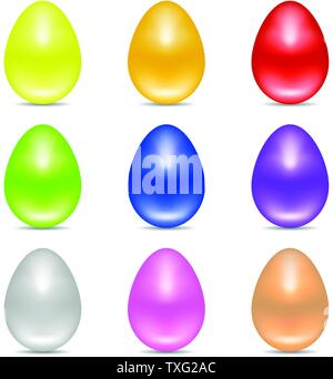 Impostare colorato e realistico le uova di Pasqua isolato su sfondo bianco. Lucido lucido uova. Illustrazione di vettore per il design. Illustrazione Vettoriale