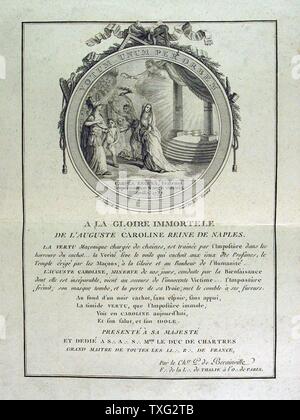 Ch. P. de Bérainnville e incisori Voysard 'alla gloria immortale di Caroline de Napoli' inizio del XIX secolo l'incisione (43,5 cm x 29,5 cm) realizzato per la Thalis Lodge a Parigi in onore del Grand padrona di muratura femmina nell'impero, Carolina Bonaparte, sorella di Napoleone. Parigi, Musée de la Franc-Maçonnerie Foto Stock