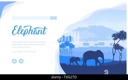 Vettore di elefanti landing page modello. Savana paesaggio piatto illustrazione minimalista. African animali selvatici silhouette. Zoo website homepage design. Safari, spedizione, viaggio banner web Illustrazione Vettoriale