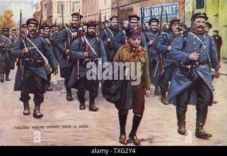 Cartolina pubblicitaria che rappresenta il francese Fusiliers Marins ("Fusiliers navale") per partire per il fronte occidentale (Francia settentrionale). 1914 Foto Stock