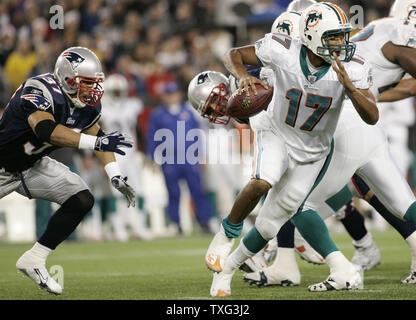 Miami Dolphins quarterback Cleo Limone (17) codifica fuori dalla tasca mentre in esercizio da New England Patriots Rodney Harrison (37) nel primo trimestre a Gillette Stadium di Foxboro, Massachusetts su dicembre 23, 2007. (UPI foto/Matthew Healey) Foto Stock