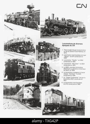 I locomotori da vari periodi azionato dalla Canadian National Railway (CN). 1. Museo treno trainato da locomotiva n. 40 del Grand Trunk Railway nel 1872. 2. Locomotiva merci tipo 'Mogul' n°674 costruito nel 1899. 3. Pacific' motrice n°5304 costruito nel 1920. 4. Monte " locomotiva n°6021 costruito nel 1924. 5. Il 9000, il primo petrolio locomotiva elettrica in Nord America, nel 1928. 6. Passeggeri ad alta velocità "locomotiva Nord' n. 6401 costruito nel 1936. 7. Il 'Super continentale' tirato da locomotiva 6521 costruito nel 1957. 8. La locomotiva merci n°2112 fu costruito nel 1982. Foto Stock