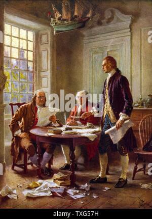 Dopo la pittura da J.L.G. Ferris la scrittura della dichiarazione di indipendenza - Benjamin Franklin, sinistra, John Adams incontro a Thomas Jefferson, piedi, alloggi a Philadelphia per studiare una bozza del documento Foto Stock