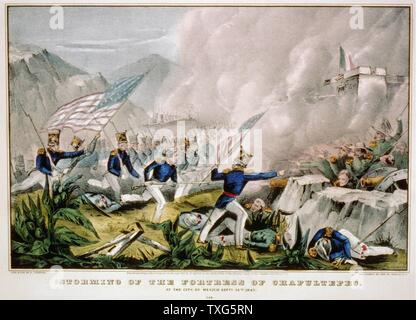 Guerra Mexican-American 1846-1848 : le forze USA sotto Winfield Scott assalto alla fortezza di Chapultepec - Città del Messico colorate a mano l'incisione Foto Stock