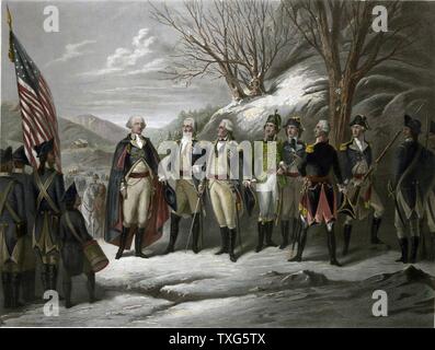 Guerra rivoluzionaria 1775-1783 (Guerra di Indipendenza Americana) : George Washington, a sinistra con altri ufficiali compresi De Kalb, Von Steuben, Pulaski, Kosciouszko, Lafayette e Muhlenberg Stampa dopo Frederick Girsch Foto Stock