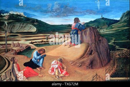 Giovanni Bellini scuola italiana l'agonia nel giardino - Cristo in preghiera nell'orto del Getsemani mentre i santi Pietro, Giovanni e Giacomo dormire Tempera en wood Foto Stock