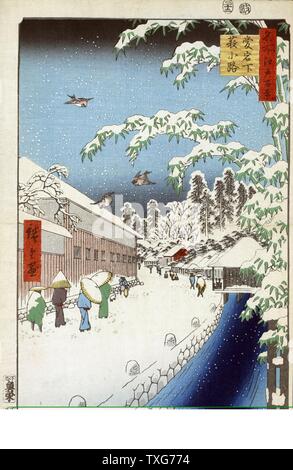 Utagawa Hiroshige scuola giapponese uno centinaia delle famose vedute di Edo: pedoni in caduta di neve, Mount Atago sfondo a destra, bambù in primo piano a destra. Inverno Sparrow 1857 Collezione privata Foto Stock