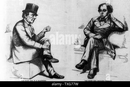 British statisti, 1868 : I grandi rivali William Ewart Gladstone, liberale, quattro volte Primo Ministro, a sinistra e a Benjamin Disraeli, conservatore, due volte Primo Ministro incisione su legno Foto Stock