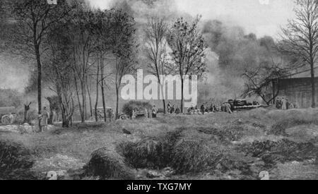 La prima guerra mondiale : casa colonica francese impostata sul fuoco da shellfire tedesco. Da 'Le Flambeau", Parigi, 18 settembre 1915. Foto Stock