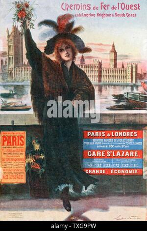 Pubblicità per la stazione ferroviaria di barca Parigi-londra servizio del treno - 1900. Londra fiore ragazza accoglie i visitatori, il Parlamento europeo e il fiume Tamigi in background. Foto Stock