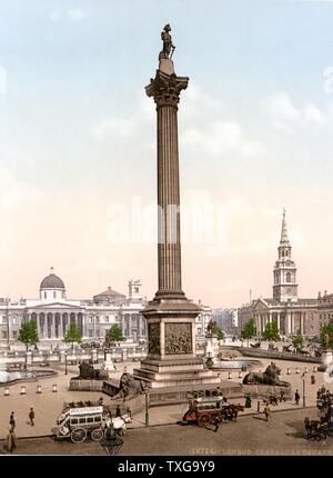 Trafalgar Square, Londra, Nelson's colonna custodito da Edwin Landseer's Lions, la Galleria Nazionale in background e la chiesa di St Martin's-in-the-Fields, destra 1890-1900. Foto Stock