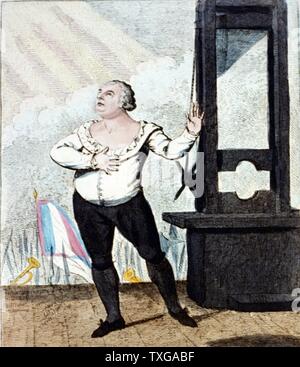 Isaac Cruikshank scuola scozzese il martirio di Luigi XVI, re di Francia - "io perdonare i miei nemici, io muoio innocente!' Louis nel drammatico pongono sullo scaffold, accanto a una ghigliottina, che sta per essere eseguita. Stampare Foto Stock