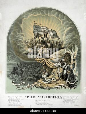 La guerra civile americana allegoria: Trionfo da Morris Traubel, 1820-1897.pubblicato c1861: una grande e complessa allegoria predire il trionfo dell'Unione oltre le forze oscure della Confederazione e il re di cotone. Una chiave pubblica che accompagna la stampa descrive la secessione del Sud pesantemente in termini moralistici, come il funzionamento di una insidiosa Hydra di umana discordia, spawner di tradimento e ribellione Foto Stock