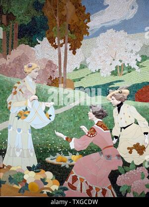 Mosaico ceramico raffiguranti donne la raccolta della frutta. Datata 1906 Foto Stock