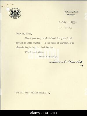 Lettera di ringraziamento dal Primo ministro britannico Sir Winston Churchill al Primo Ministro neozelandese Sir Walter Nash. Foto Stock