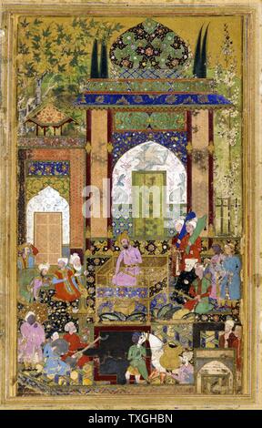 Babur azienda Corte, 1589. Babur (1483 ñ 1530), conquistatore dall Asia centrale, che è riuscito a porre le basi per la dinastia Mughal nel subcontinente indiano e divenne il primo imperatore Mughal. Foto Stock